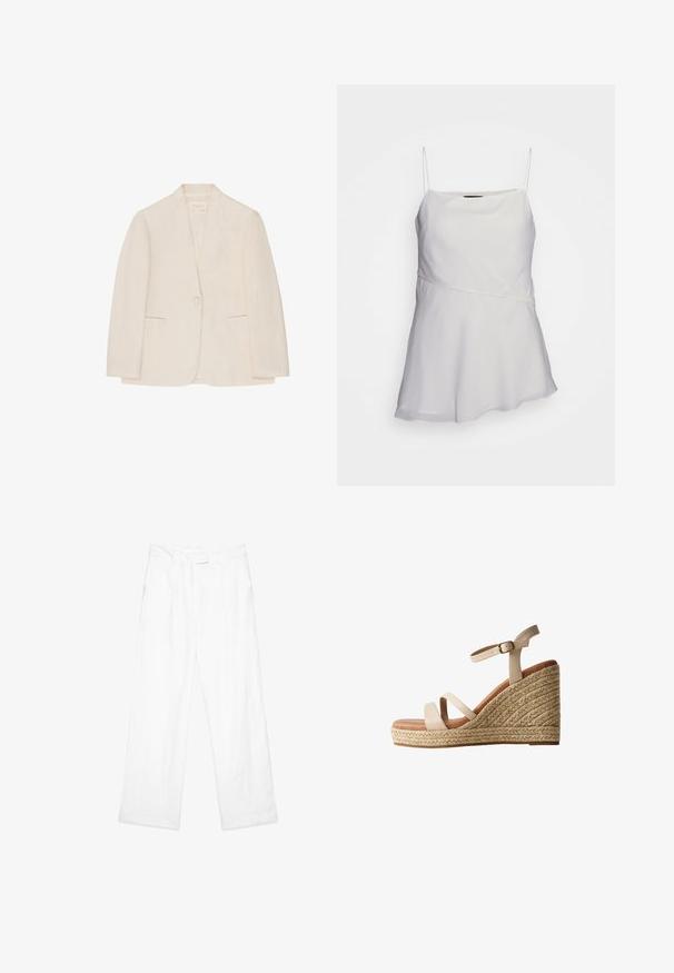 Blazer para mujer de color crema con cierre de un solo botón, dos bolsillos frontales con abertura y cuello sin muesca, exhibido sobre un fondo blanco.; Top blanco sin mangas con tirantes finos, ajuste relajado y diseño asimétrico. Fabricado con una tela suave y ligera.; Pantalones de lino blancos con un ajuste holgado, que presentan un diseño de pierna recta, bolsillos frontales y una cintura plana. Textura suave en todo el tejido.; Sandalia cuña beige con plataforma de yute trenzado, dos tiras delanteras, una correa en el tobillo con hebilla y una plantilla acolchada marrón.