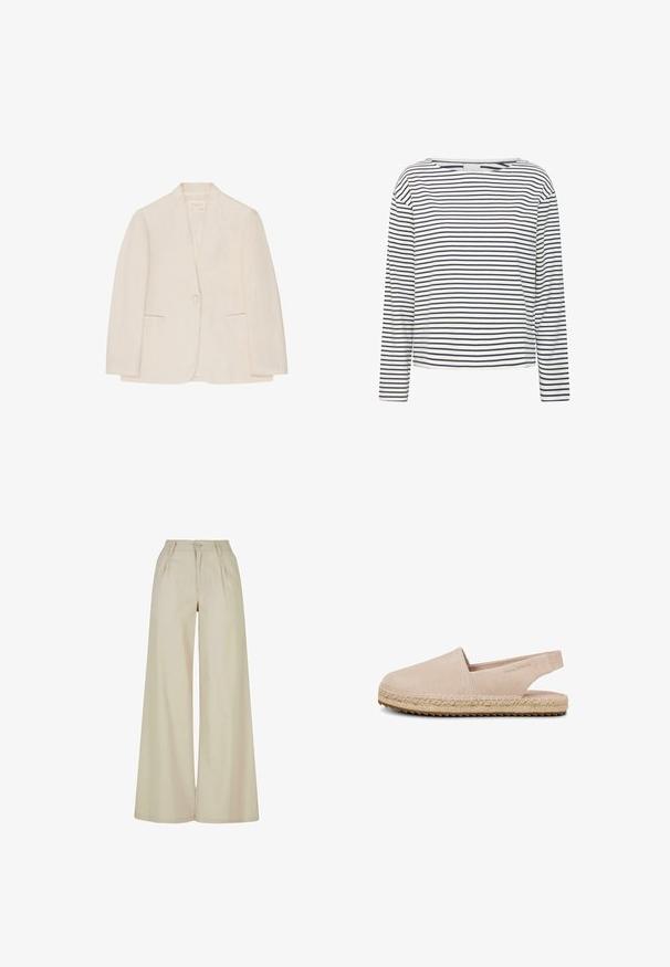 Blazer pour femmes couleur crème avec fermeture à un bouton, deux poches fendues à l'avant et col sans crans, présenté sur fond blanc.; T-shirt à manches longues avec un décolleté bateau, fabriqué en tissu doux avec des stripes horizontaux bleu marine et blanc. Coupe droite et détails minimaux.; Pantalon beige à jambes larges, taille haute, plis sur le devant, passants pour ceinture et fermeture par bouton.; Espadrille en daim beige avec bout fermé, bride arrière, semelle en jute tressé et semelle extérieure en caoutchouc, vue de côté sur fond blanc.