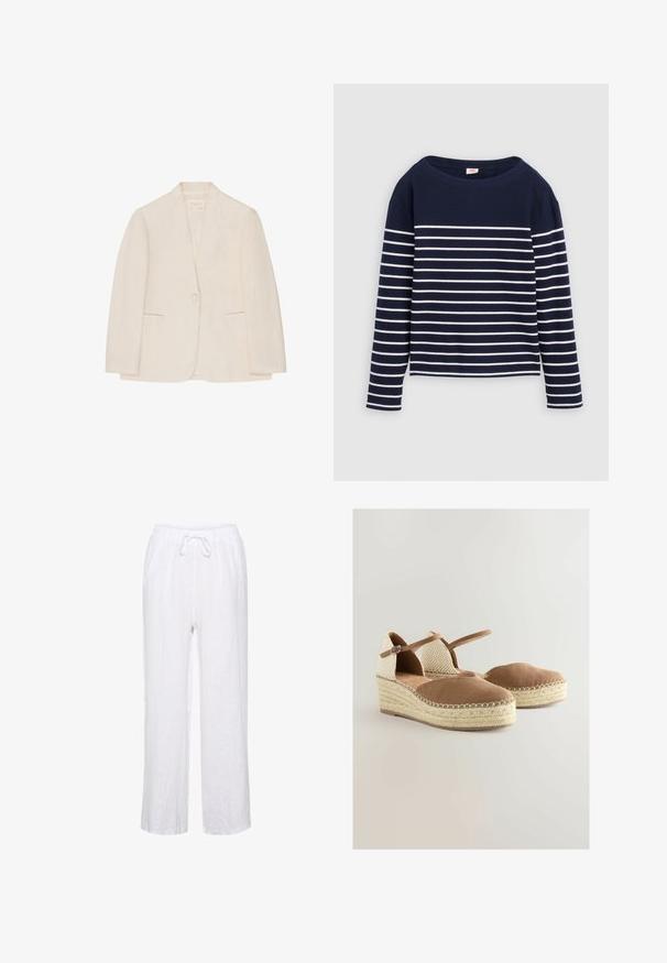 Blazer para mujer de color crema con cierre de un solo botón, dos bolsillos frontales con abertura y cuello sin muesca, exhibido sobre un fondo blanco.; Levi's® MARIN STRIPE - Camiseta de manga larga - navy/egret; Pantalones de lino blancos con un ajuste relajado, que cuentan con una cintura elástica y cordones, y piernas rectas. Textura suave, tejido ligero.; Zapatos de cuña de ante marrón con un talón tejido en beige, tira al tobillo y suela de yute trenzado. Punta redondeada y interior acolchado.