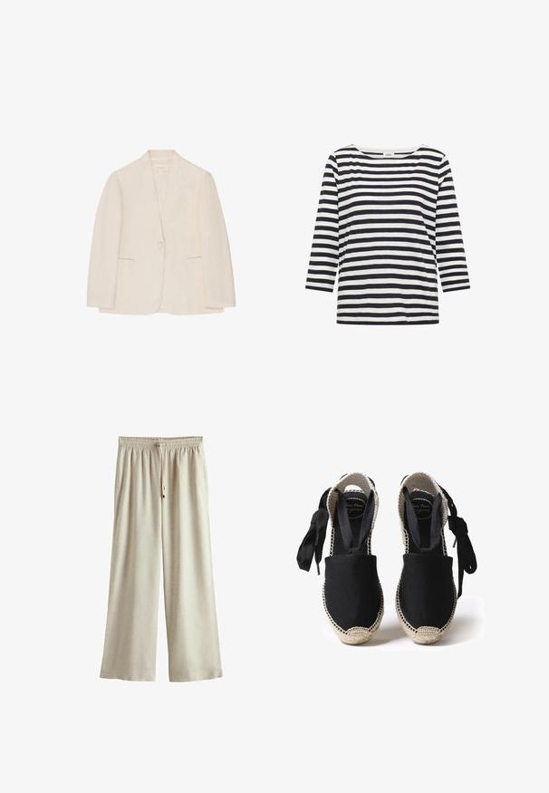 Blazer para mujer de color crema con cierre de un solo botón, dos bolsillos frontales con abertura y cuello sin muesca, exhibido sobre un fondo blanco.; Camiseta de manga larga con rayas horizontales negras y blancas, con cuello redondo y una etiqueta en el cuello que dice "Cecil".; Pantalones de pierna ancha beige con cintura elástica y cordón ajustable, hechos de tela ligera para uso casual.; Espadrilles de lona negra con suela de yute y bordes trenzados. Cintas del mismo tejido negro para un ajuste ajustable. Diseño de puntera cerrada.