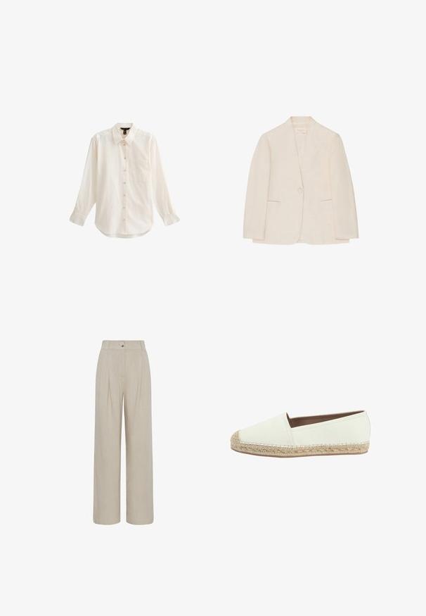 Crèmekleurig damesblazer met enkele knoopsluiting, twee voorzakken met openingen en kraag zonder inkeping, weergegeven op een witte achtergrond.; Lichtgekleurde, langmouwige blouse met knopen, voorzien van een kraag, een enkele borstzak en een zachte textuur met een licht gebogen zoom.; Beige, wijde broek met hoge taille, voorplooien, riemlussen en een knoopsluiting in de taille.; Witte espadrille met een canvas bovenwerk en een beige geweven jute zool. Heeft een ronde neus en gestikte details langs de rand.