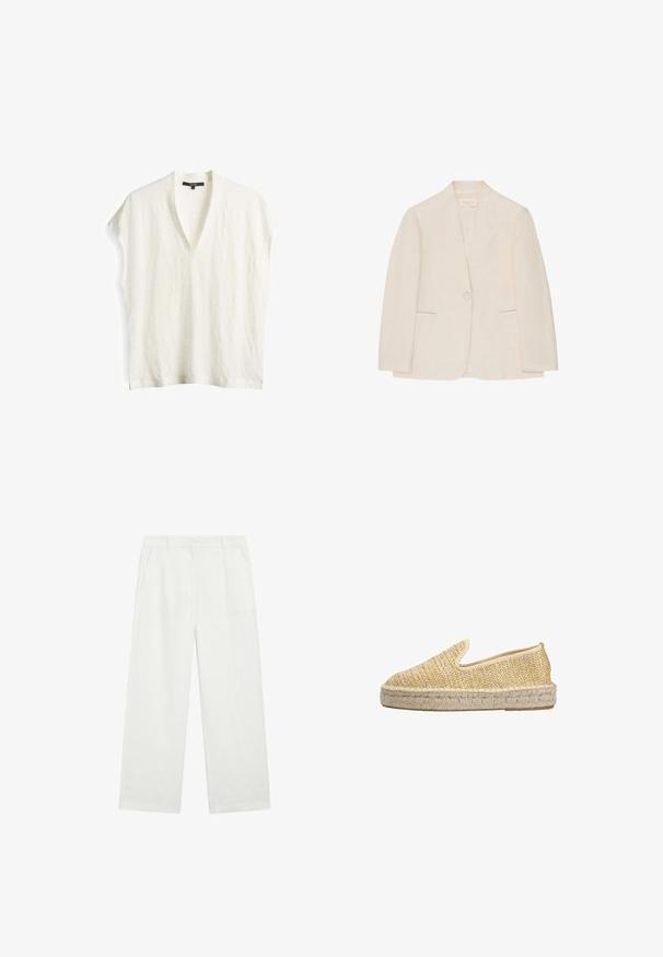 Crèmekleurig damesblazer met enkele knoopsluiting, twee voorzakken met openingen en kraag zonder inkeping, weergegeven op een witte achtergrond.; Witte v-hals top met korte mouwen, gemaakt van zachte, gestructureerde stof. Lichtgewicht ontwerp met een ontspannen pasvorm en geen zichtbare sluitingen.; Witte wijde broek met een getailleerde pasvorm, rechte pijpen, zijzakken en riemlussen, plat neergelegd op een effen achtergrond.; Geweven espadrille instapschoen van natuurlijke vezels, met een geel-beige kleur, ronde neus en een touwachtige jute zool.