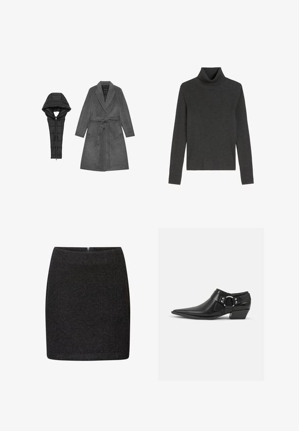 Manteau en laine gris avec une ceinture, grands revers et deux poches avant, associé à une capuche et un col en duvet noir amovibles.; Pull à col roulé gris foncé avec une texture côtelée, manches longues et fentes sur les côtés au niveau de l'ourlet. Fabriqué en tissu tricoté doux.; Mini-jupe noire en tissu texturé avec une coupe slim, dotée d'une fermeture éclair au dos et de coutures nettes. Design simple sans motifs visibles.; Bottines en cuir noir avec un bout pointu, présentant une sangle en cuir à l'avant et un détail de boucle en argent, ainsi qu'un petit talon carré.