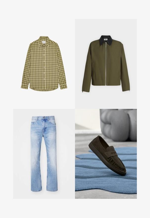 Veste vert olive avec col noir, fermeture éclair à l’avant et manches longues, présentée sur un fond gris uni.; Chemise à carreaux verts avec un col classique, des manches longues et un ourlet arrondi. Comprend des boutons blancs et un tissu doux et texturé.; Jean en denim bleu clair avec une coupe droite, comportant un style classique à cinq poches et un léger dégradé.; Chaussure loafer en daim marron foncé flottant au-dessus d'un tapis bleu texturé avec des meubles gris sculptés flous en arrière-plan.