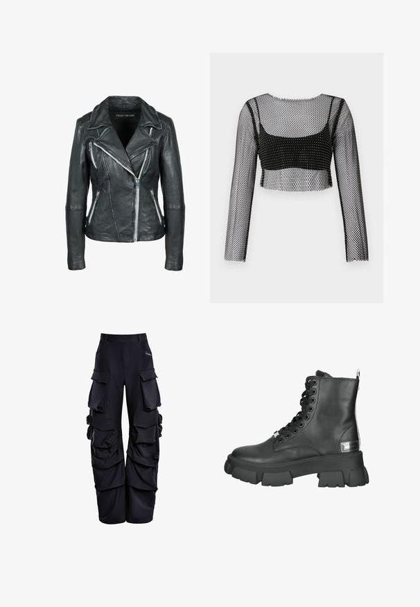 Zwarte leren motorjack met een getailleerd ontwerp, asymmetrische ritssluiting aan de voorkant, ritszakken en grote revers. Soepele textuur.; Zwart, mesh crop top met lange mouwen, featuring een visnetontwerp en een solide zwarte onderlaag. De randen zijn raw en lichtjes rafelig.; Zwarte cargobroek van gestructureerde stof, met meerdere grote zakken, een ontspannen pasvorm en geplooide details langs de zijkanten.; Zwarte leren enkellaarsjes met een stevige platformzool, ronde neus, en voorlacing met metalen oogjes en een trekhaak aan de achterkant.