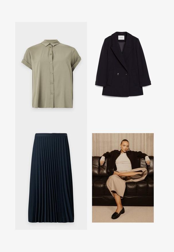 Manteau en laine croisé de couleur bleu marine foncé avec un col ajusté, poches à rabat et poignets à un bouton. Tissu texturé avec une coupe structurée.; Chemise à manches courtes, verte olive, avec boutons, fabriquée en tissu léger, dotée d'un col classique et de poignets retroussés.; Jupe plissée marine avec une taille texturée, en tissu lisse, présentant des plis verticaux régulièrement espacés et un design mi-mollet.; Femme aux cheveux tirés en arrière, vêtue d’un pantalon beige, d’une chemise blanche et d’une veste noire, assise en tailleur sur un canapé en cuir noir.