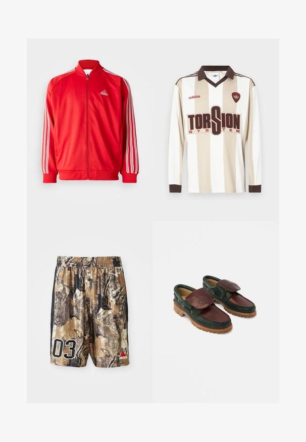 Veste de sport rouge avec un col montant, fermeture éclair à l'avant, détails en trois bandes blanches sur les manches, et poignets et ourlet côtelés. Logo sur la poitrine.; Maillot de football à manches longues rayé beige et blanc ; doté d'un col et de poignets marron, d'un grand logo rouge "TORSION SYSTEM" et de la marque adidas.; Shorts camouflés avec une taille élastique, présentant un mélange de marrons et de noirs, un grand "03" en blanc et un logo Adidas en rouge.; Chaussures en cuir avec un corps vert foncé, un dessus bordeaux, un bout rond, un rabat sécurisé et une semelle en caoutchouc texturée avec des rainures.