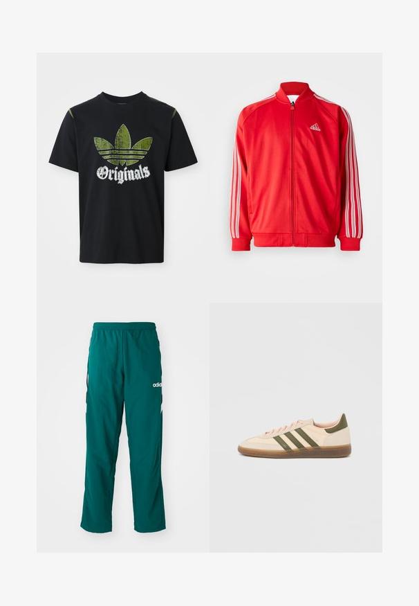 Červená športová bunda s vysokým golierom, predným zipsom, bielymi trojprúžkovými detailmi na rukávoch a rebrovanými manžetami a spodným okrajom. Logo na hrudi.; Čierne bavlnené tričko s roztrhnutým zeleným grafickým dizajnom so tromi pruhmi a slovom "Originals" pod ním v bielej farbe, okrúhly výstrih, krátke rukávy.; Zelené športové nohavice vyrobené z ľahkej tkaniny, s elastickým pásom, bočnými vreckami a bielym logom Adidas na ľavej strane.; Nízky béžový tenisky Adidas Spezial so zelenými pruhmi, gumovou podrážkou a nápisom „SPEZIAL“ na boku, zobrazené z vonkajšej strany.