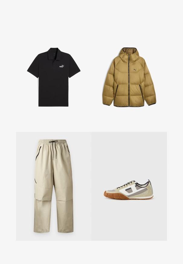 Puhurjakki, khaki värv, kapuutsiga disain, õmmeldud tekstuur, eessuunaline lukuga ja küljetaskutega, mustade aktsentidega ja logoga.; Must must valge polo särk, mis on valmistatud puuvillast, klassikalise kraega, lühikeste varrukatega ja mille vasakul rinnal on valge Puma logo. Sujuv tekstuur.; Beežid kerged püksid elastse vöökohaga, musta nööriga ja küljetaskute lukkudega, esiküljelt lihtsa tausta ees.; Atleetikajalanõud beežika ülaosaga, hallide ja valgete aktsentidega, tekstureeritud sametist ning mustrilise kummist tald. Pruunid paelad ja tõmbetabu kaasas.