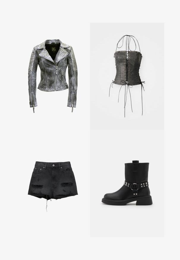 Veste en cuir grise usée avec des détails cloutés argentés sur les épaules, le col et les manches, fermeture éclair frontale et poignets zippés.; Jaded London LONGLINE LACE UP HALTER CORSET - Débardeur - black; Shorts en denim noir avec des bords effilochés, des patches déchirés, une fermeture à bouton sur le devant, et un design à cinq poches. Coupe taille haute classique.; Bottes noires en cuir à cheville avec un talon épais, ornées d'une sangle décorative avec des clous en argent et un anneau en métal.