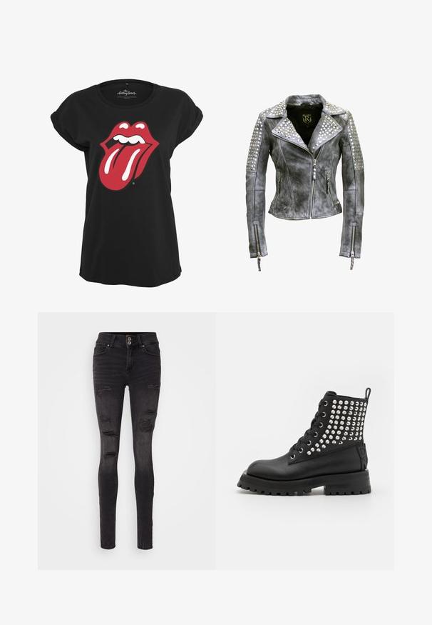 Veste en cuir grise usée avec des détails cloutés argentés sur les épaules, le col et les manches, fermeture éclair frontale et poignets zippés.; T-shirt noir en coton avec un motif graphique en rouge et blanc du logo des Rolling Stones représentant des lèvres et une langue sur le devant. Encolure ronde.; Jean skinny noir en denim avec un design déchiré comportant plusieurs déchirures et une silhouette ajustée. Fermeture à double bouton à la taille.; Bottines noires avec une finition en cuir lisse, ornées de clous argentés sur le côté, d'œillets en métal et d'une semelle crantée épaisse.