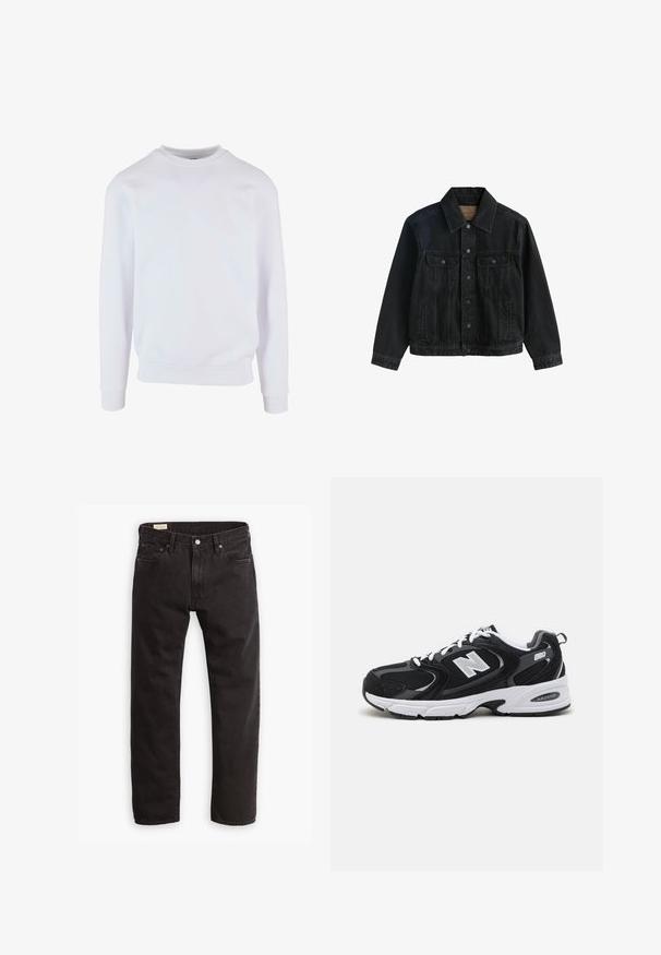 Sort denimjakke med knaplukning foran, to brystlommer med klap og sidelommer med slidser, vist mod hvid baggrund.; Hvid sweatshirt med rund halsudskæring, ribbede manchetter og kant, samt et enkelt design. Fremstillet af blød, letvægtsstof.; Sorte denim jeans med lige ben, der har et klassisk fem-lomme design, subtil syning og en metal knaplukning.; Sorte og grå sportssko med mesh og ruskind på overdelen, der har en hvid mellemsål, snørebånd og et iøjnefaldende "N" logo på siden.