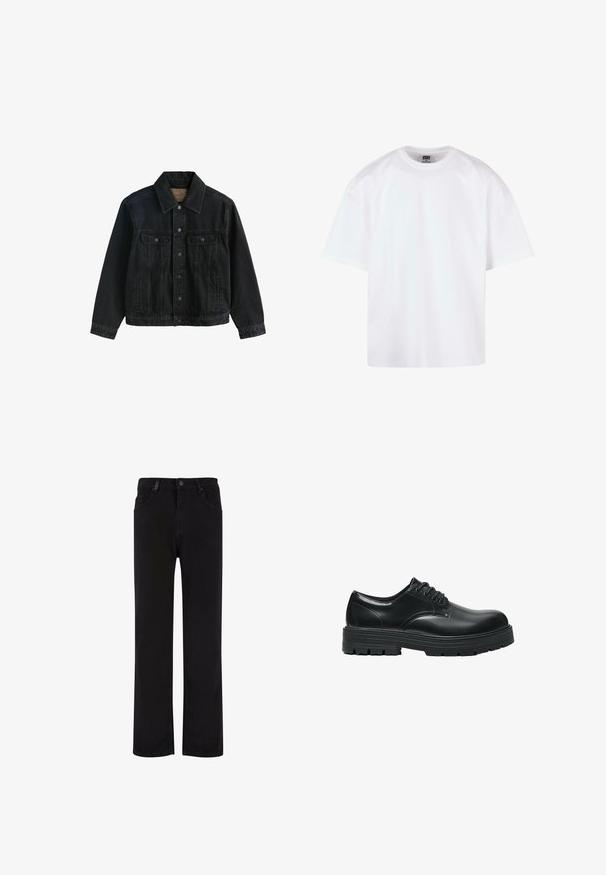Sort denimjakke med knaplukning foran, to brystlommer med klap og sidelommer med slidser, vist mod hvid baggrund.; Hvid kortærmet t-shirt med rund hals, lavet af bomuldsmateriale, der har en afslappet pasform og minimale syningsdetaljer.; Sorte denimbukser med lige ben design, der har en knaplukning, bælteløjfer og forlommer. Glat tekstur og ensartet farve.; Sort læder snøresko med tyk rillede sål og afrundet spids, vist i sidelayout på hvid baggrund.