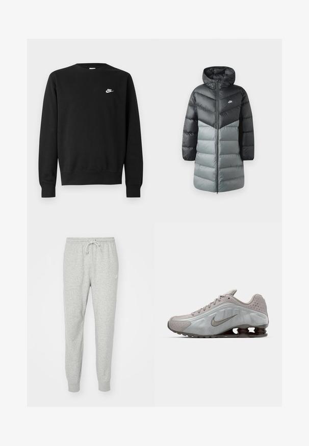 Polstret lang jakke med et farveblokdesign i sort og grå, hætte, lynlås foran og Nike-logo på venstre bryst. Glat tekstur.; Sort sweatshirt lavet af bomuld med rund hals, lange ærmer og et lille hvidt Nike-logo på øverste venstre bryst.; Grå sweatpants lavet af blødt materiale med elastisk talje, snorelukning og ribbede cuffs. Har et lille logo på siden.; Nike løbesko i lysegrå med en glat tekstur, buet design og synlige støddæmpningsfjeder i mørkebrun ved hælen.
