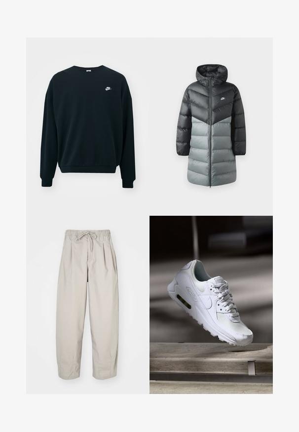 Paatriga pikk jakk, millel on must-hall värviline plokkdisain, kapuuts, kisukinnitus ees ja Nike logo vasakul rinnal. Sile tekstuur.; Must mustaga Nike pikendatud varrukatega, ümar kaelus ja soonikkoes mansetid. Vasakul rinnal on valge Nike logo.; Beeži, kerged püksid elastse vöökoha ja nööriga. Omavad voldikuid ja laia istuvust, valmistatud pehmest, siledast kangast.; Valged Nike Air Max 90 sneakers, millel on võrkkangast ja nahast ülemine osa, aukudega varbadosa ning nähtav õhuüksus kandades.