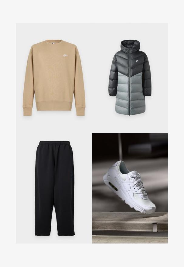 Paatriga pikk jakk, millel on must-hall värviline plokkdisain, kapuuts, kisukinnitus ees ja Nike logo vasakul rinnal. Sile tekstuur.; Kreemika värvi Nike'i sviiter, millel on ümar kaelus, pikad varrukad ja valge logo rinnal. Kangas näib olevat pehme ja ühtlase tekstuuriga.; Mustad pehmetest kangast dressipüksid, millel on elastne vöökoht, laiad sääred ja küljetaskud õrnade siniste detailidega.; Valged Nike Air Max 90 sneakers, millel on võrkkangast ja nahast ülemine osa, aukudega varbadosa ning nähtav õhuüksus kandades.