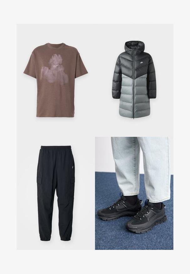 Padded dlhý kabát so zafarbovaním v čiernej a sivej farbe, kapucňou, predným zipsom a logom Nike na ľavej hrudi. Hladká textúra.; Hnedé bavlnené tričko s voľným strihom, s bielym logom Nike a dizajnom oblakov v odtieňoch svetloružovej na prednej strane.; Čierne cargo nohavice vyrobené z ľahkého materiálu, s elastickým pásom, bočnými vreckami a voľným strihom s elastickými manžetami.; Čierne športové topánky s textúrovanou tkaninou a gumovou podrážkou, so elastickými šnúrkami a modrým akcentom na päte. Nosia sa s svetlými riflami.