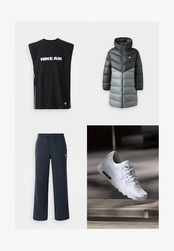 Paatriga pikk jakk, millel on must-hall värviline plokkdisain, kapuuts, kisukinnitus ees ja Nike logo vasakul rinnal. Sile tekstuur.; Mustamata varukatega Nike Air särk valge logotekstiga, mis on keskendatud rinnale, ja väike must Nike Air silt allääres.; Tumedast meresinised dressipüksid elastse vöökoha ja nööriga. Valmistatud pehmest kangast, vasakul puusal väike valge logo.; Valged Nike Air Max 90 sneakers, millel on võrkkangast ja nahast ülemine osa, aukudega varbadosa ning nähtav õhuüksus kandades.