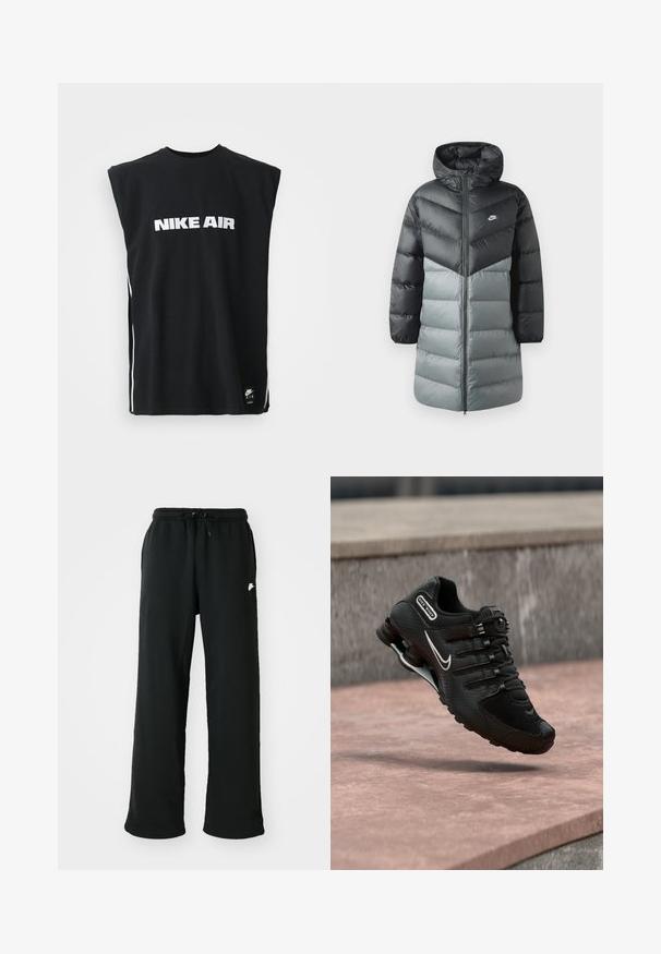 Paatriga pikk jakk, millel on must-hall värviline plokkdisain, kapuuts, kisukinnitus ees ja Nike logo vasakul rinnal. Sile tekstuur.; Mustamata varukatega Nike Air särk valge logotekstiga, mis on keskendatud rinnale, ja väike must Nike Air silt allääres.; Mustad mustad, pehmest kangast, millel on elastne vöökoht koos reguleeritava nööriga ja väike logo aktsent külje peal.; Must Nike Shox jooksujalats valge Swooshi logoga, õhus roosakat tooni betoonpinna kohal, halli kiviseina taustal.