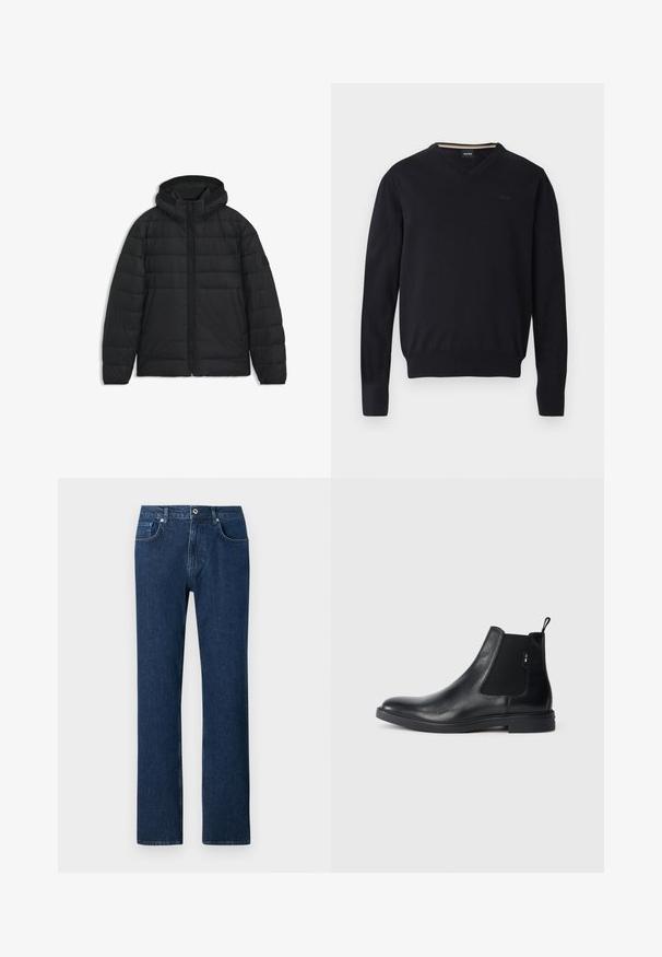 Chaqueta acolchada negra con capucha, cremallera completa en el frente, mangas largas y bolsillos laterales con cremallera.; Suéter negro de escote en V hecho de tela de punto suave. Cuenta con mangas largas, puños y dobladillo acanalados, con detalle de logo en relieve en el pecho.; Jeans de denim azul oscuro con corte recto, que cuentan con un cierre frontal de botón, presillas para cinturón y un diseño de bolsillo estándar.; Botines Chelsea de cuero negro con paneles elásticos laterales, una pestaña para tirar y una suela de goma plana. Textura suave con un detalle mínimo.