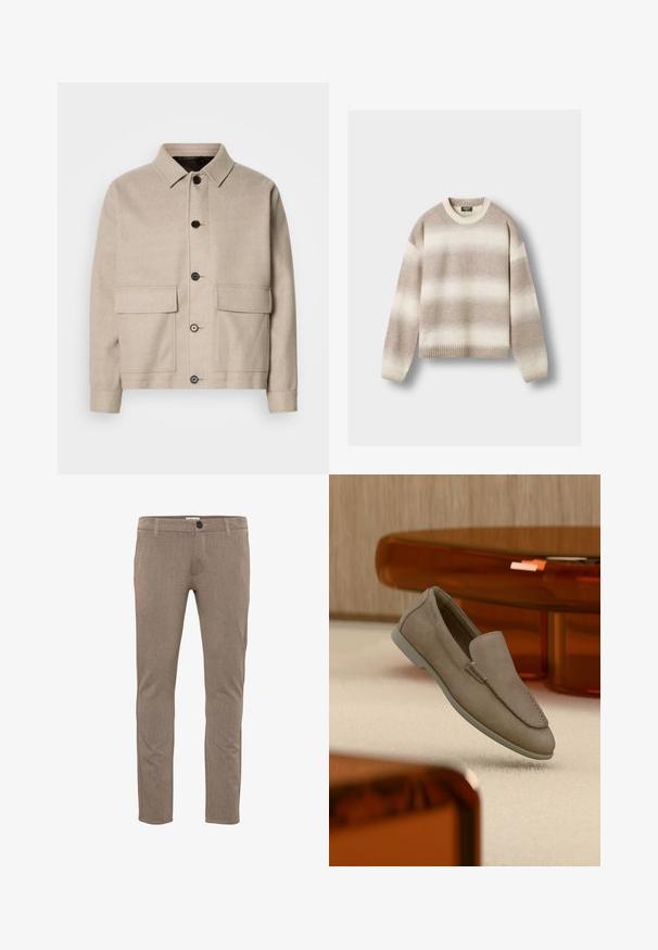 Veste en laine beige clair avec un col, quatre poches avant et des boutons foncés. Présente une coupe structurée et décontractée ainsi qu'une texture lisse.; Pull tricoté à manches longues avec rayures beige et blanc cassé, doté de poignets, ourlet et encolure ras-du-cou côtelés, présenté à plat sur un fond blanc.; Pantalon marron slim en tissu texturé, avec fermeture boutonnée à l'avant, passants pour ceinture et poches classiques.; Mocassin beige en daim à enfiler avec coutures visibles et semelle claire, positionné au-dessus d'un tapis crème, avec un meuble translucide orange en arrière-plan.