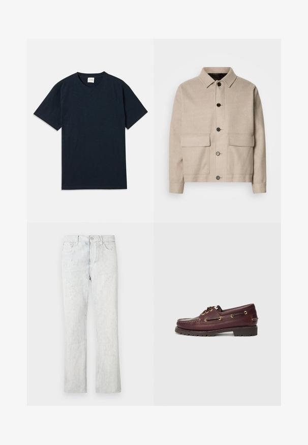 Chaqueta de lana beige clara con cuello, cuatro bolsillos frontales y botones oscuros. Presenta un corte estructurado y relajado, además de una textura suave.; Camiseta de cuello redondo de manga corta en un oscuro azul marino liso, con un pequeño logo en relieve cerca del dobladillo inferior.; Vaqueros de mezclilla azul claro con corte de pierna recta, con textura desgastada, cinco bolsillos y cierre de botón y cremallera.; Zapato náutico de cuero burdeos con punta redondeada, superficie texturizada, ojales dorados y suela negra resistente. Dos cordones decorativos en la parte superior.