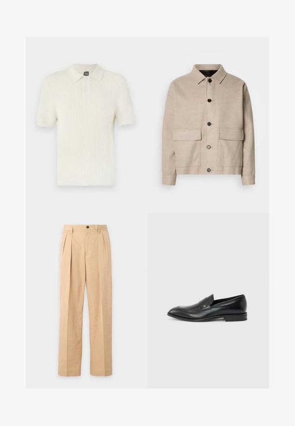 Chaqueta de lana beige clara con cuello, cuatro bolsillos frontales y botones oscuros. Presenta un corte estructurado y relajado, además de una textura suave.; BOSS AKOPPO - Polo - open yellow; Pantalones beige plisados con cierre de botón y cremallera, trabillas para cinturón y piernas rectas y anchas.; Mocasín de cuero negro para hombre con tacón bajo, punta redondeada y pequeño logo metálico en la correa, mostrado de perfil sobre un fondo liso.