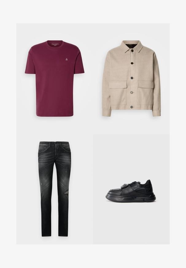Lys beige uldjakke med krave, fire forlommer og mørke knapper. Har en struktureret, afslappet pasform og glat tekstur.; Bordeaux bomulds t-shirt med rund hals, korte ærmer og et lille hvidt "M OP" logo på brystet. Glat tekstur og almindelig pasform.; Sorte slim fit jeans med subtile falmede områder og en lille slidt revne på højre lår, fem-lomme stil, knap- og lynlåslukning.; Sort lavt sneakersko med tyk sål, snørebånd og stroplukning, syede paneler og polstret krave mod en ensfarvet hvid baggrund.