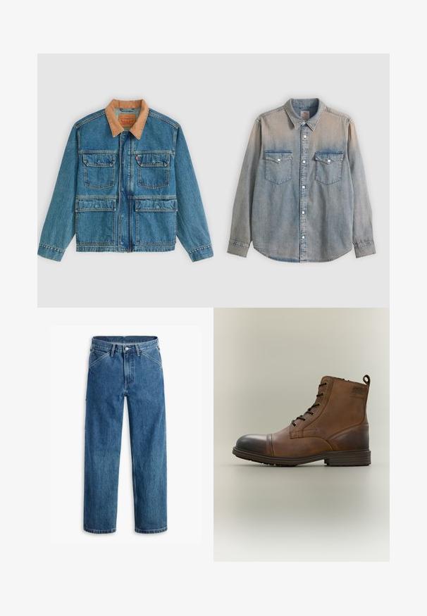 Blaue Jeansjacke mit vier vorderen Klappentaschen und braunem Cordkragen, dargestellt vor hellem einfarbigem Hintergrund.; Hellblaues, ausgewaschenes Jeanshemd mit langem Arm, Kragen, Knopfleiste vorne und zwei Brusttaschen mit Knopfklappen.; Blaue Jeans mit geradem Bein, Vordertaschen, Gürtelschlaufen, Metallknopf und Reißverschluss auf weißem Hintergrund.; Brauner Leder-Schnürstiefel bis zum Knöchel mit schwarzer Zehenkappe, runder Sohle und Markenlabel an der Seite vor schlichtem Hintergrund.