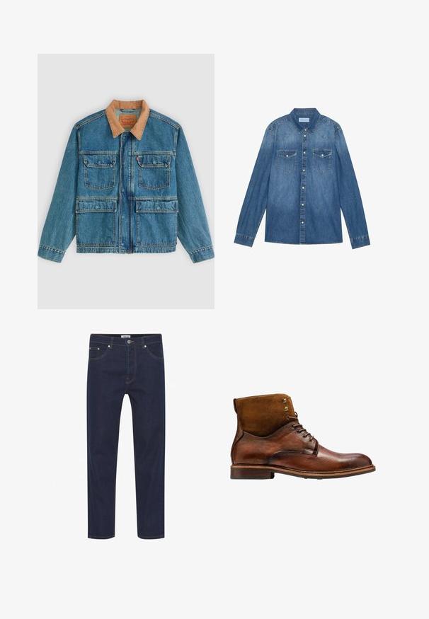Blaue Jeansjacke mit vier vorderen Klappentaschen und braunem Cordkragen, dargestellt vor hellem einfarbigem Hintergrund.; Dunkelblaue Jeanshemd mit langen Ärmeln, klassischem Kragen, Knopfleiste, zwei Brusttaschen und kontrastierenden Nähten.; Dunkelblaue Jeans mit geradem Schnitt, versehen mit heller Stickerei, fünf Taschen und einem Knopfverschluss an der Taille. Glatte Textur.; Kazar ALID - Schnürstiefelette - brown