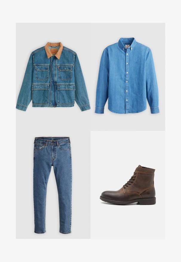 Blauwe spijkerjas met vier voorzakken met klep en een bruine ribfluwelen kraag, weergegeven tegen een effen lichte achtergrond.; Lichtblauw denim overhemd met lange mouwen, button-down kraag en witte knopen. Heeft een klein geborduurd logo op de borst.; Blauwe denim jeans met een rechte snit, vijf zakken, oranje stiksels en een klassieke knoop- en ritssluiting. Versleten textuur langs de benen.; Jack & Jones JFWDELANEY BOOT - Veterboots - cognac