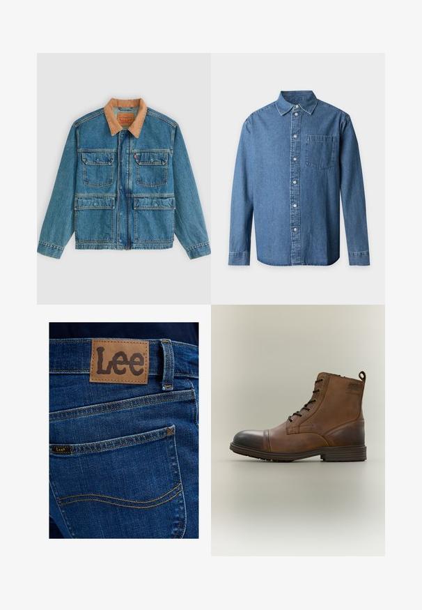 Veste en jean bleue avec quatre poches avant à rabat et un col en velours côtelé marron, présentée sur un fond clair uni.; Chemise en denim bleu à manches longues avec col et une poche poitrine sur un fond clair uni.; Vue arrière d'un jean en denim bleu avec un patch en cuir beige et une petite étiquette en tissu, affichant toutes deux le nom de la marque Lee au-dessus de la poche arrière.; Botte cheville en cuir marron à lacets avec bout noir, semelle ronde et détail de marque sur le côté sur fond uni.