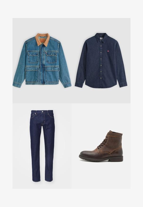 Veste en jean bleue avec quatre poches avant à rabat et un col en velours côtelé marron, présentée sur un fond clair uni.; Chemise en denim bleu foncé à manches longues, boutonnée, avec col pointu et petit logo rouge Levi's sur la poitrine gauche.; Jean en denim bleu marine avec une coupe droite, une conception à cinq poches, des coutures orange contrastées et une fermeture à bouton en métal argenté à la taille.; Jack & Jones JFWDELANEY BOOT - Bottines à lacets - cognac