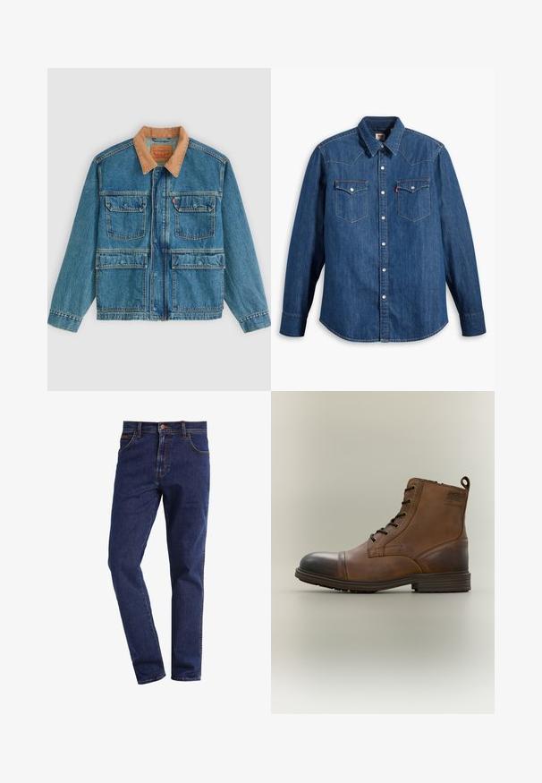 Blå denimjakke med fire frontlommer med klap og en brun manchetkrave, vist på en ensfarvet lys baggrund.; Denim skjorte i mørkeblå med lange ærmer, spids krave og trykknapper. Har to brystlommer med klapper og kontrastsying.; Mørkeblå straight-leg denimbukser med frontlommer, knaplukning, bæltestropper og synlig syning.; Brun læderstøvle med snørebånd, sort tåhætte, rund sål og mærket detalje på siden mod ensfarvet baggrund.