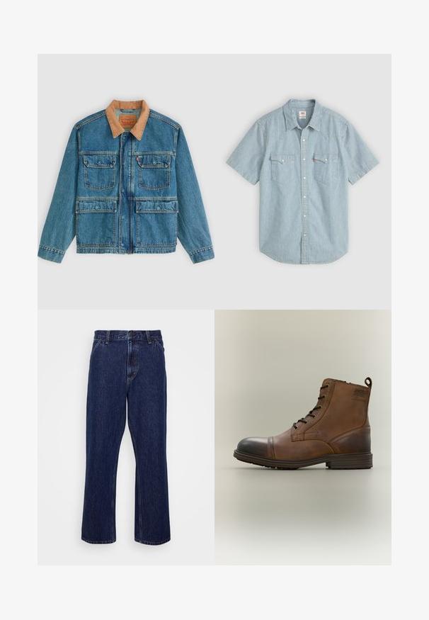 Veste en jean bleue avec quatre poches avant à rabat et un col en velours côtelé marron, présentée sur un fond clair uni.; Chemise à manches courtes bleu clair à rayures blanches, dotée d'un col traditionnel, de deux poches poitrine et d'une fermeture à boutons. Matière coton.; Jeans en denim bleu foncé avec une coupe droite, dotés d'une fermeture à bouton, d'un style à cinq poches et de détails de couture subtils.; Botte cheville en cuir marron à lacets avec bout noir, semelle ronde et détail de marque sur le côté sur fond uni.