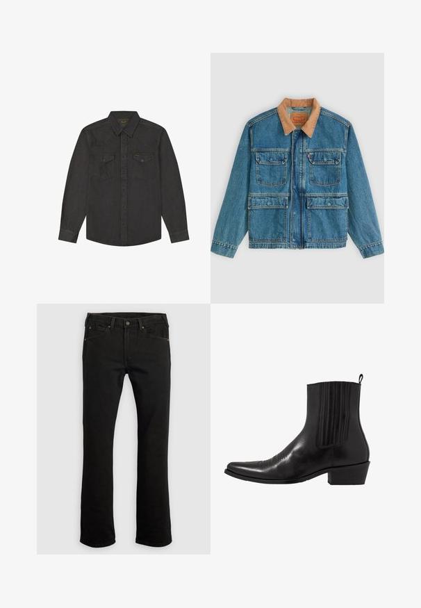 Veste en jean bleue avec quatre poches avant à rabat et un col en velours côtelé marron, présentée sur un fond clair uni.; Chemise à manches longues gris foncé avec col pointu, deux poches avant à rabat avec boutons et détails de coutures visibles.; Jean en denim noir avec une coupe droite, cinq poches, des accents en cuivre, et des passants pour ceinture. Texture du tissu unie sans motifs.; Bottine noire en cuir avec un bout pointu, des panneaux latéraux élastiques, des accents de coutures verticales et un petit talon bloc.