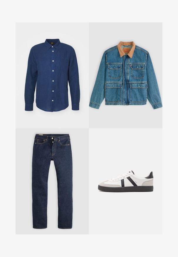 Veste en jean bleue avec quatre poches avant à rabat et un col en velours côtelé marron, présentée sur un fond clair uni.; Chemise à manches longues bleu foncé avec un col boutonné, boutons blancs et un logo brodé discret sur la poitrine. Texture douce, coupe droite.; Jean droit bleu foncé avec braguette à boutons, poches avant et arrière, et surpiqûres contrastantes, posé à plat sur un fond clair.; Baskets blanches avec des accents noirs et gris, présentant un embout texturé gris, une semelle en caoutchouc noir et des lacets plats blancs. Design épuré, style minimaliste.