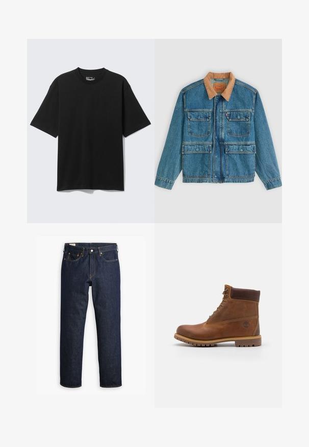 Chaqueta vaquera azul con cuatro bolsillos frontales con solapa y un cuello de pana marrón, mostrada sobre un fondo claro y liso.; Camiseta negra de algodón de manga corta y corte holgado, con cuello redondo, mostrada sobre un fondo claro y liso.; Jeans de denim azul oscuro con corte recto, que cuentan con un estilo de cinco bolsillos, costuras visibles y una clásica bragueta de botones.; Botas de senderismo de cuero marrón con un acabado suave, tobillo acolchado, ojales de metal y suela de goma con un patrón de tracción robusto.