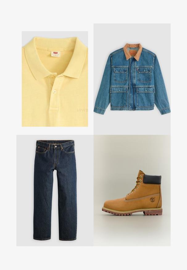 Chaqueta vaquera azul con cuatro bolsillos frontales con solapa y un cuello de pana marrón, mostrada sobre un fondo claro y liso.; Levi's® Polo - acacius stripe egret; Vaqueros de mezclilla azul oscuro con corte recto. Presentan cinco bolsillos, costuras en contraste y cierre de botón en la cintura.; Bota de tobillo de cuero marrón con cuello negro, cordones amarillos y suela beige. Presenta un logotipo y detalles de costura blanca. Suela exterior con tracción robusta.