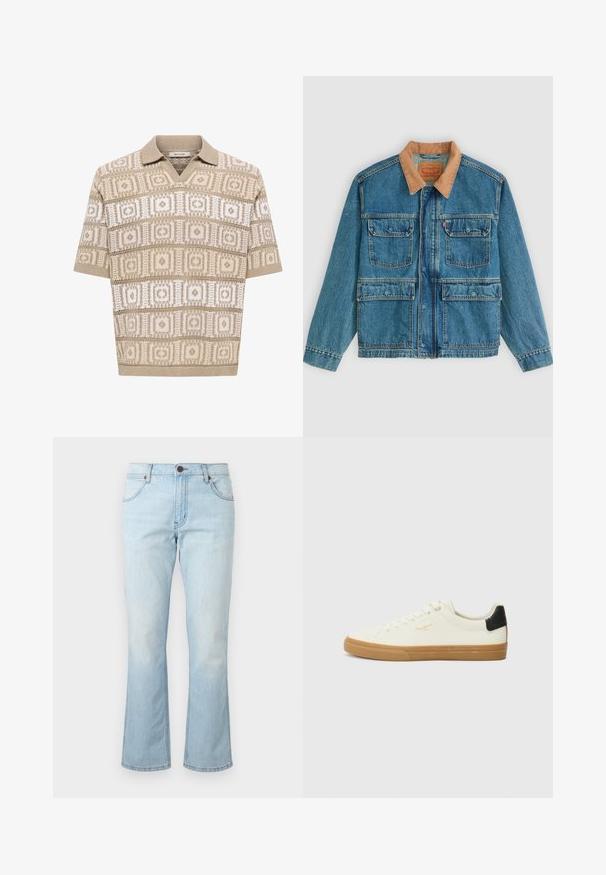 Veste en jean bleue avec quatre poches avant à rabat et un col en velours côtelé marron, présentée sur un fond clair uni.; Polo en maille beige à manches courtes avec motifs géométriques carrés et losanges en beige et blanc, col et poignets côtelés.; Jean en denim bleu clair avec une taille mi-haute, fermeture par bouton et fermeture éclair, poches avant et jambes légèrement évasées.; Sneaker en toile blanche avec une semelle en gomme, accent au talon noir, bout rond et design à lacets. Présente le logo de la marque en doré sur le côté.