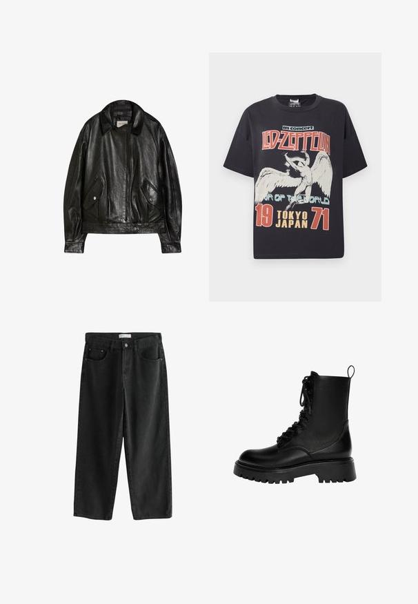 Zwarte leren jas met een brede kraag, ritssluiting aan de voorkant, twee klepzakken met knopen en lange mouwen, label Bershka.; Zwarte katoenen t-shirt met een grote grafische afdruk van een engel met de tekst "Led Zeppelin in concert Tour of the World Tokio Japan 1971."; Zwarte wijde denim jeans met een medium taille, voorzien van twee voorzakken, een knoopsluiting en subtiele stikdetails.; Zwarte veterschoenen enkelboots van synthetisch leer, met een chunky zool, een trekhaak en uitgesproken stiksels.
