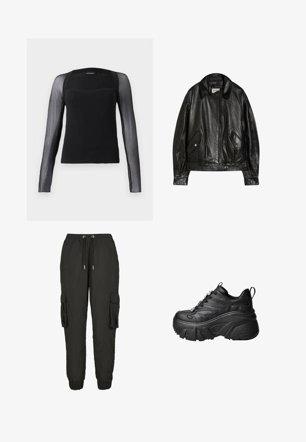 Sort læderjakke med bred krave, foran lynlås, to knap-lukkede klaplommer og lange ærmer, mærket Bershka.; Sort langærmet top med en ensfarvet bodice og gennemsigtige sorte meshærmer. Har en kvadratisk halsudskæring og en glat tekstur.; Sorte cargo bukser lavet af let materiale, med elastisk talje, justerbar snor, sidelommer og ribbede manchetter.; Sorte plateau sneakers med en buet form, tekstureret læder, tyk gummisål og dekorativ hardware på snørerne.