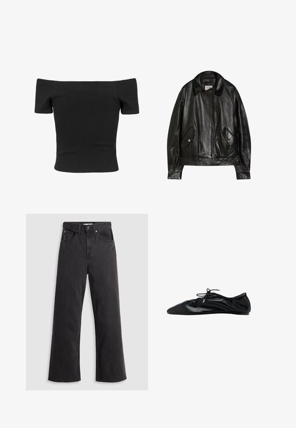 Veste en cuir noire avec un large col, fermeture éclair à l’avant, deux poches à rabat boutonnées et manches longues, étiquetée Bershka.; Haut noir à bretelles dénudées, à manches courtes, à coupe ajustée, texture lisse et design épuré et simple.; Jeans larges en denim noir à taille haute, avec cinq poches et une fermeture à bouton en métal. Le tissu a une texture lisse et légèrement décolorée.; Ballerine plate en cuir noir avec bout froncé et lacet à nouer orné d'embouts métalliques, vue latérale minimaliste et élégante.