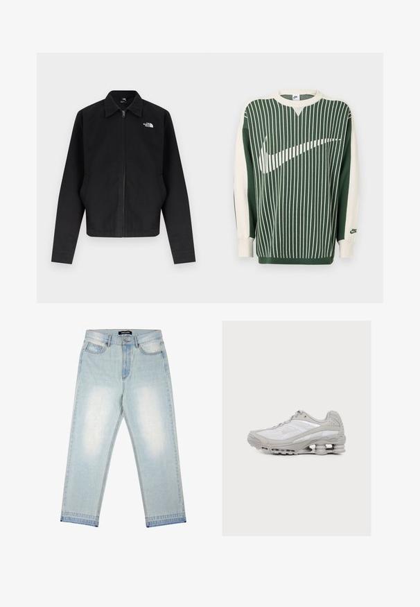 Schwarze Reißverschlussjacke mit Kragen, langen Ärmeln, Seitentaschen und weißem "The North Face"-Logo auf der linken Brust.; Grüner und cremefarbener Strickpullover mit vertikalen Streifen, große weiße Nike-Logo, gerippte Bündchen und Rundhalsausschnitt.; Pegador BARROW - Loose Jeans - sand washed blue; Hellgrauer und weißer Sportschuh mit sichtbarer federartiger Dämpfung in der Sohle und einem Obermaterial aus Mesh-Gewebe.