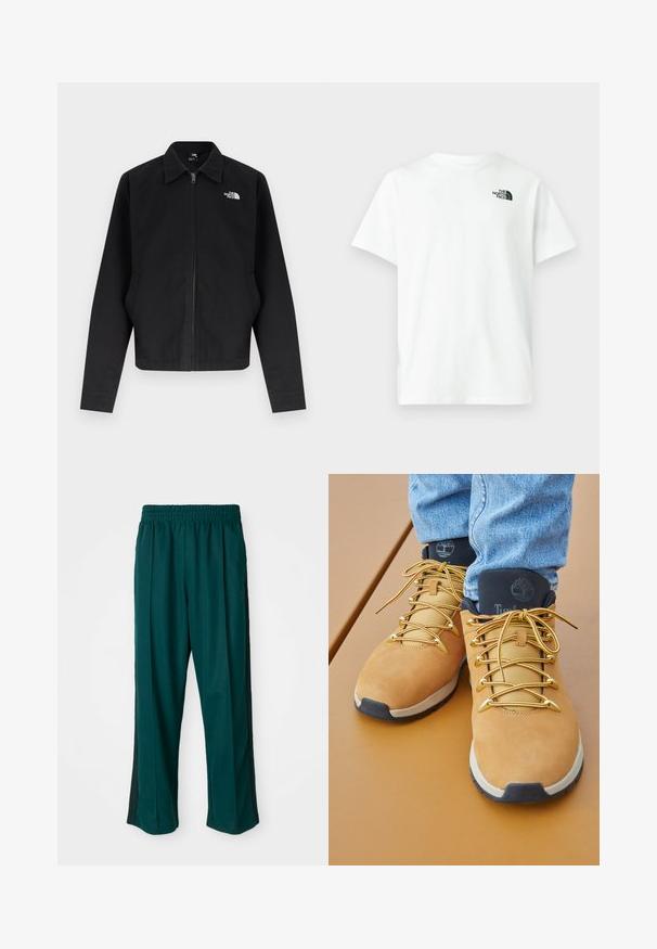Zwarte jas met rits en kraag, lange mouwen, zijzakken en wit "The North Face" logo op de linkerborst.; Wit katoenen T-shirt met korte mouwen en een ronde hals, met een klein zwart logo van The North Face op de linkerborst.; Donkergroene sportbroek met een elastische tailleband, straight leg ontwerp en zwarte zijstrepen. Gemaakt van zachte, rekbare stof.; Tan wandelschoenen met een suede bovenwerk, metallic gouden accenten en een zwarte gewatteerde kraag. Kenmerkt zich door textuurveters en een contrasterende zool.