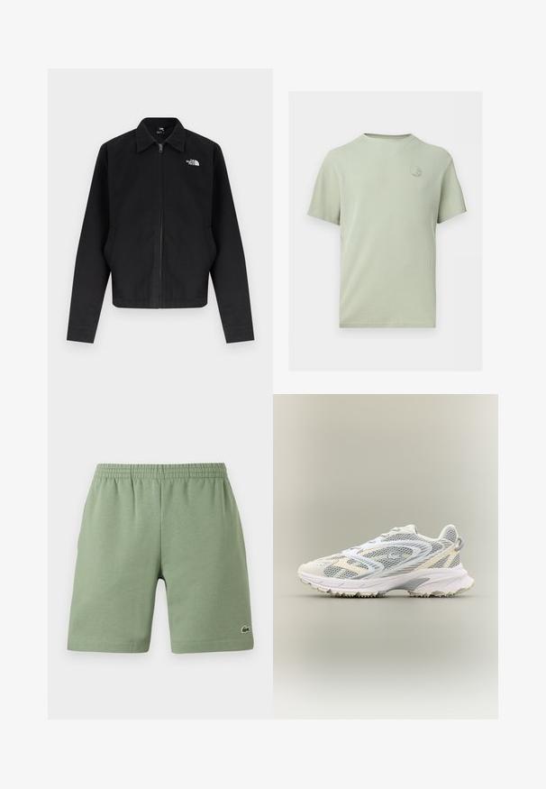 Must musta tõmblukuga jakk kraega, pika varrukaga, küljetaskutega ning valge "The North Face" logoga vasakul rinnal.; Hele rohelise tekstuuriga lühikeste varrukatega T-särk, ümar kaelus ja väike ümmargune logo vasakul rinnal.; Roheline puuvillane lühike püksid elastse vöökohtaga, mugav lõige ja väike broderi logo alumisel vasakul poolel. Sile tekstuur, taskuteta.; Valge sportlik king, millel on hallid võrkdetaile, tekstuuriga kate, pehmendustega krae ja kummist sisetald, millel on väikesed haarepunktid.