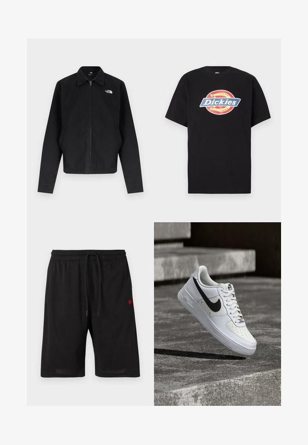Musta vetoketjullinen takki, jossa on kaulus, pitkät hihat, sivutaskut ja valkoinen "The North Face" -logo vasemmassa rinnassa.; Musta puuvillainen t-paita, jossa on lyhyet hihat ja pyöreä pääntie. Paidassa on suuri, pyöreä logo punaisena ja sinisenä, jossa teksti "Dickies" keskellä.; Mustat verkkohousut, joissa on joustava vyötärö, säätönyöri ja pieni punainen logo vasemmalla puolella. Kevyt ja hengittävä kangas.; Valkoinen Nike Air Force 1 -tennari mustalla Swoosh-logolla, nauhat sidottuina, keskellä ilmaa teksturoidun betonipinnan yläpuolella ulkona.