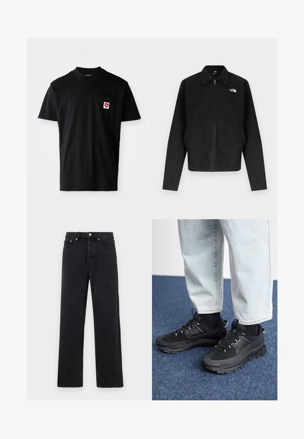 Schwarze Reißverschlussjacke mit Kragen, langen Ärmeln, Seitentaschen und weißem "The North Face"-Logo auf der linken Brust.; Schwarzes Baumwoll-T-Shirt mit rundem Halsausschnitt, kurzen Ärmeln und einer linken Brusttasche, die mit einem roten Herz-Patch und weißem Text versehen ist.; Schwarze Jeans mit geradem Bein und hohem Bund, fünf Taschen und Metallknopfverschluss. Der Stoff hat eine glatte Textur und einen leichten Glanz.; Schwarze Sportschuhe aus strukturiertem Stoff mit Gummisohlen, ausgestattet mit elastischen Schnürsenkeln und einem blauen Akzent an der Ferse. Getragen mit hellen Jeans.