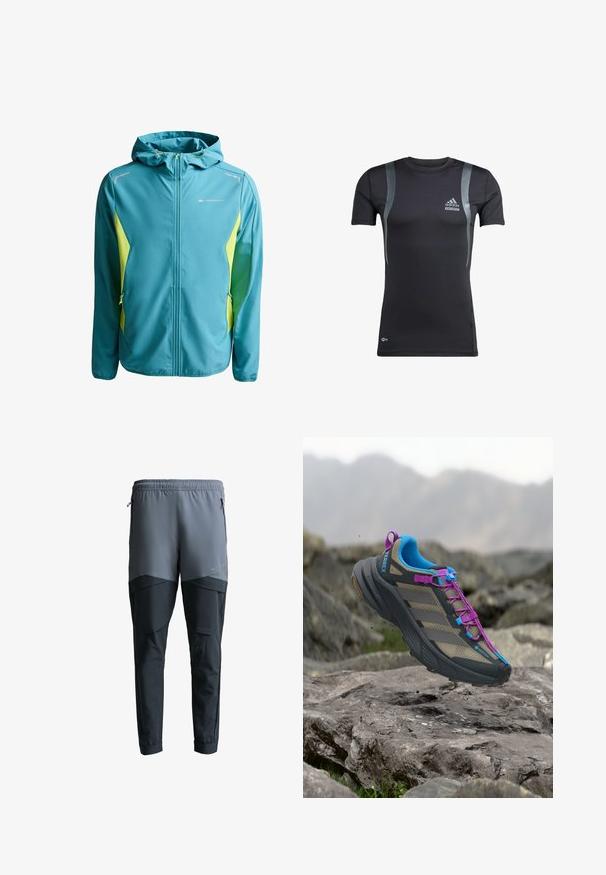 Μπουφάν softshell σε τιρκουάζ χρώμα με κουκούλα, εμπρόσθιο φερμουάρ, πλευρικές τσέπες με φερμουάρ και κίτρινες πλευρικές επιφάνειες, με το λογότυπο Monterrain στο στήθος.; Μαύρο αθλητικό μπλουζάκι κοντό μανίκι με γκρι λεπτομέρειες, κατασκευασμένο από ελαστικό ύφασμα. Διαθέτει το λογότυπο της Adidas στο αριστερό στήθος και την επωνυμία Techfit.; Αθλητικό παντελόνι με δύο τόνους, γκρι και μαύρο, με ελαστική μέση και φερμουάρ στις πλαϊνές τσέπες.; Παπούτσι για τρέξιμο σε μονοπάτι με γκρι, μπλε και μοβ λεπτομέρειες πάνω από βραχώδες έδαφος και θολό φόντο βουνού.