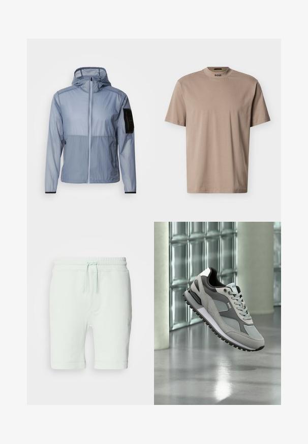 Lyseblå, letvægtsjakke med fuld lynlås, justerbar hætte og sort lomme på venstre ærme. Glat tekstur og minimalistik design.; Beige T-shirt med korte ærmer og høj rund hals med "BOSS"-branding på kraven. Fremstillet af blødt stof med en glat tekstur.; Lys mintgrønne bomuldsshorts med elastisk talje, justerbar snøre, sidelommer og logo-detalje på højre ben.; Grå og sort BOSS sneaker med tekstureret sål, mesh og ruskindspaneler, snørebånd og mærkelogo svævende indendørs på reflekterende gulv.